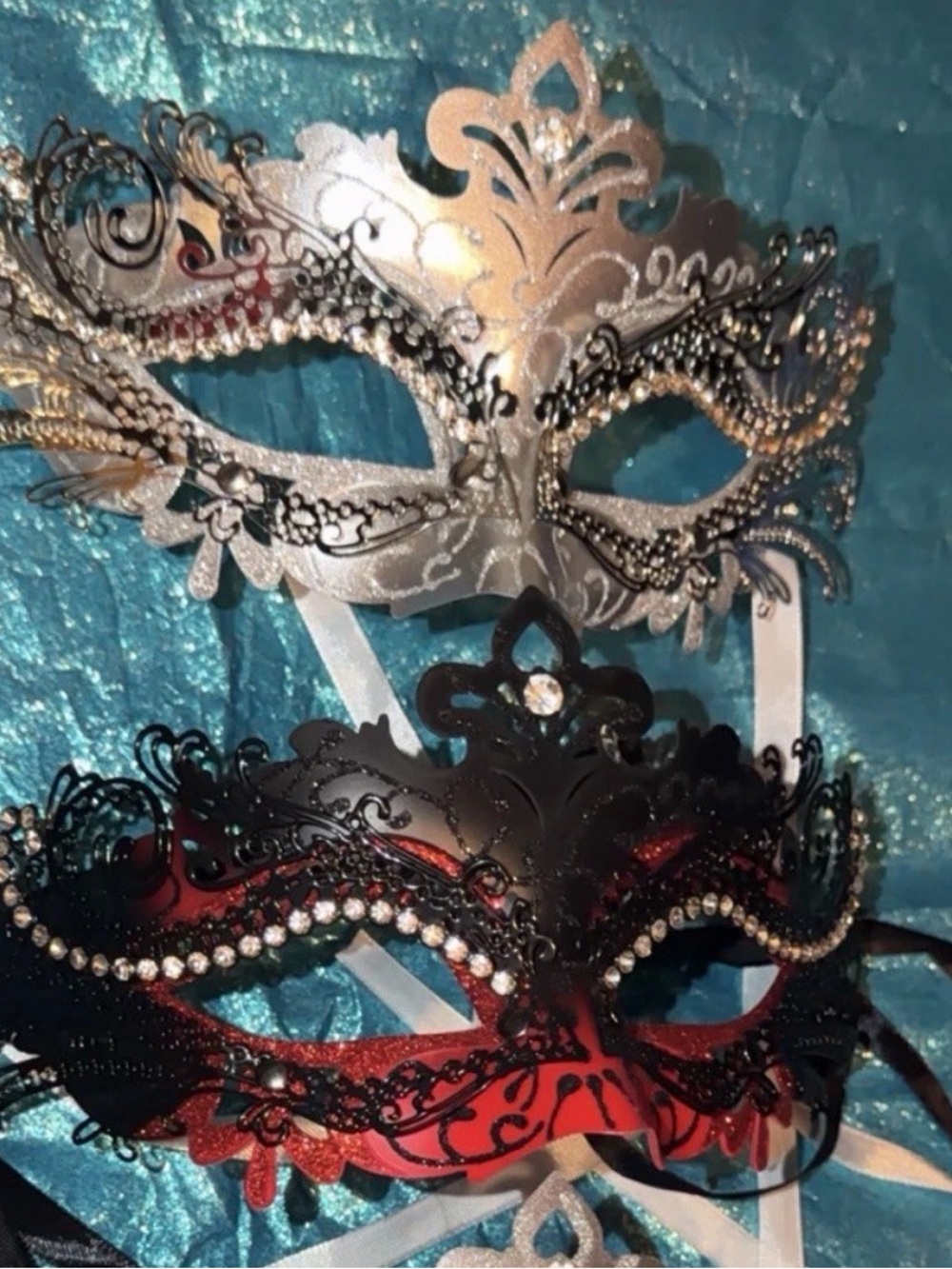 Elegant Silver and Black/Red Venetian Masquerade Masks 2 PK
